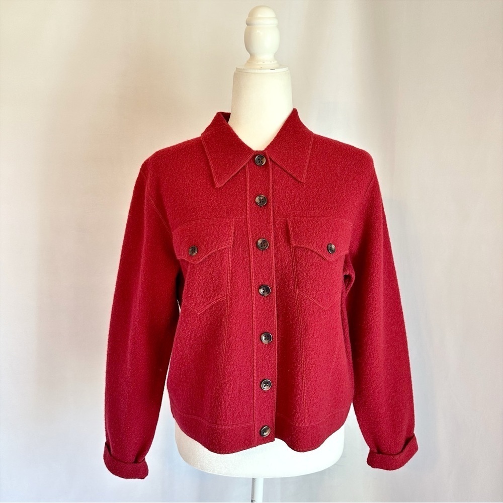 Jones New York Country Deep Red 100% Wool Button Carigan Sweater Jacket Medium